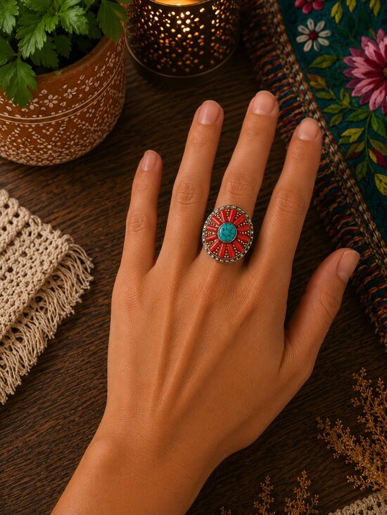 Jewelry - Turquoise & Coral Sunburst Ring - Women Jewelry